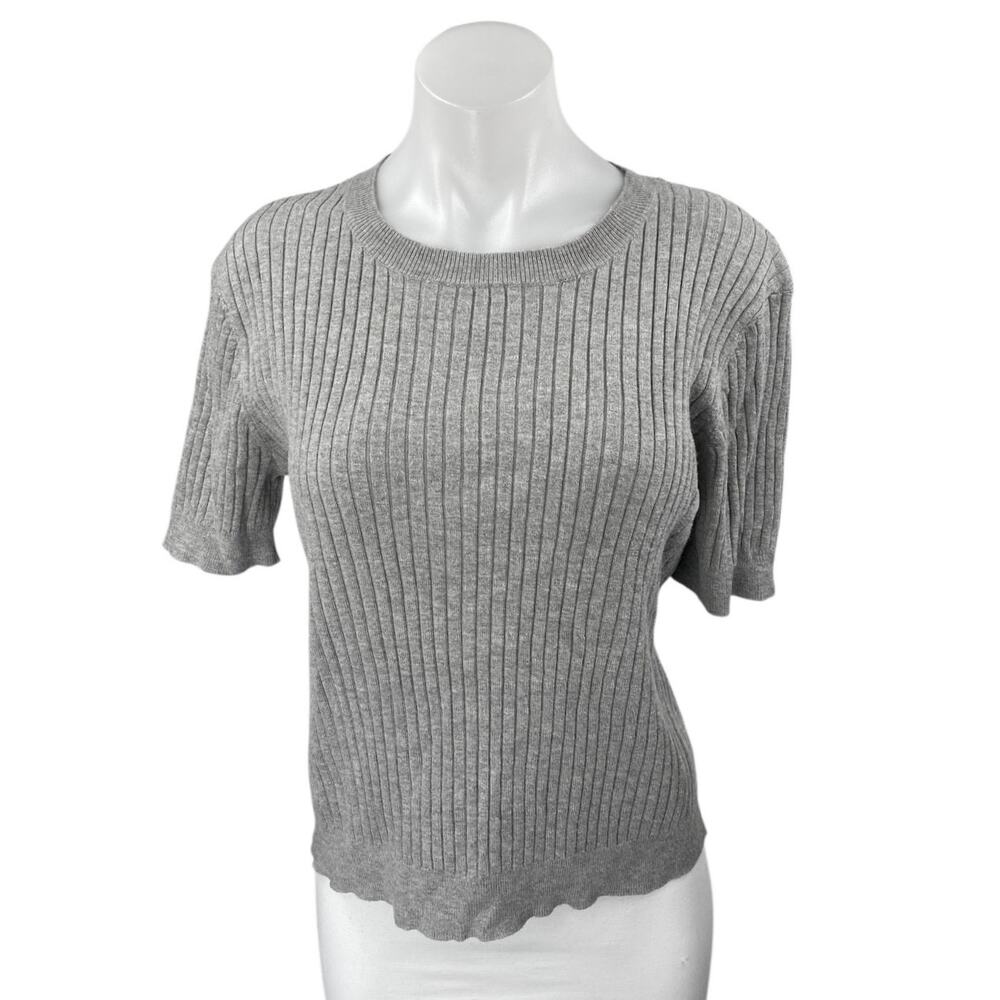 Aqua Women's Gray Ribbed Knit Short Sleeve Crew Neck Slim Fit Sweater Top Size S
